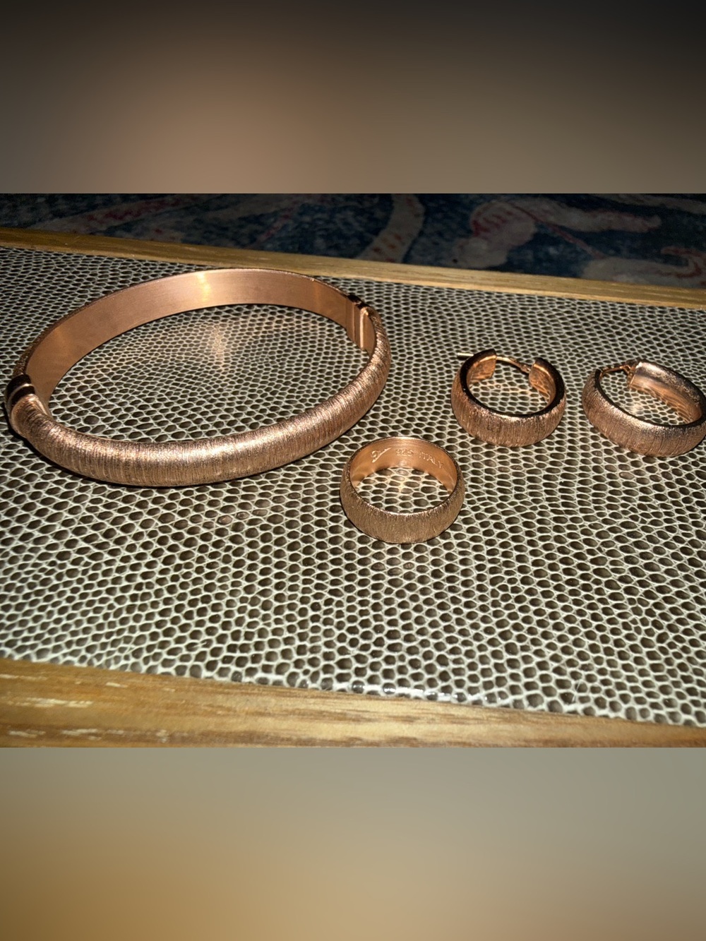 Italian Textured Rose Gold Ring, Bangle & Earring Set 925 Italy